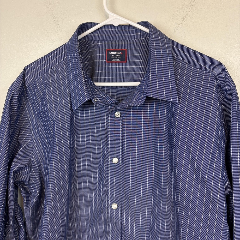 UNTUCKit Shirt Mens 2XL Blue Striped Wrinkle Free Slim Fit Button Up Casual
